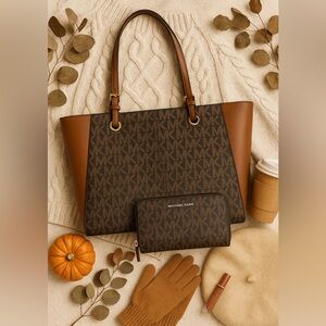 Michael Kors Walsh Tote & Wallet Set Brown MK Monogram NWT
